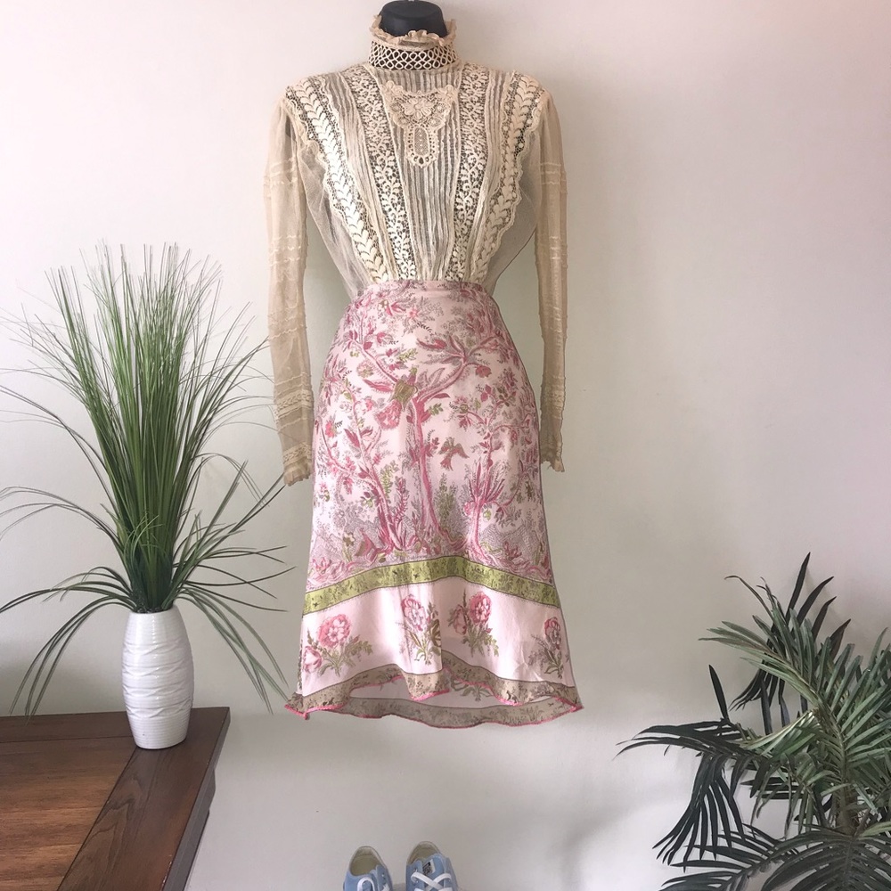 Max Studio Silk Pink & Green Peacock Print Skirt